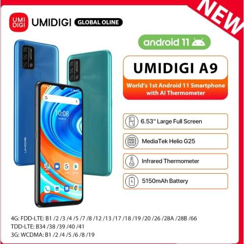 UMIDIGI A9 Android 11 Global Version Smartphone Helio G25 Octa Core 3GB+64GB 6.53"13MP AI Triple Camera HD+ 5150mAh Cellphone