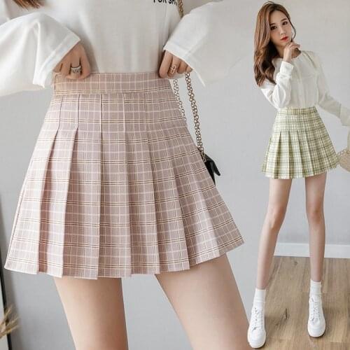 Pink Skirts Womens 2021Summer High Waist Anime Skirts Woman Kawaii Student Short White Plaid Black Pleated Mini Skirt