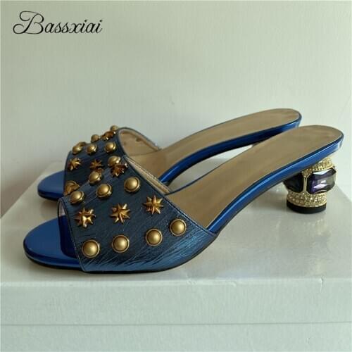 Pearl Rivet Metal Decor Runway Mules For Lady Jeweled Diamond Heel Real Leather Open Toe Slingbacks Sandals Women Summer
