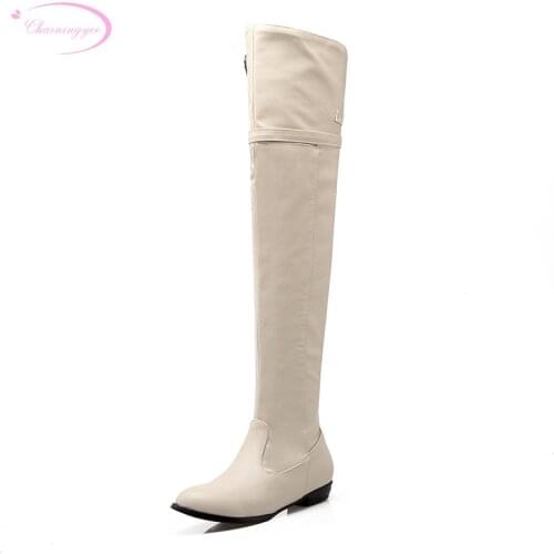 Chainingyee street sexy pointed toe over knee high boots fashion belt buckle zipper black brown beige flat women riding boots