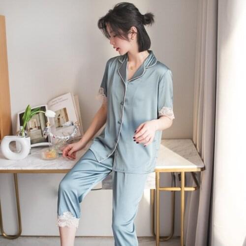 Lace Trim Women 2PCS Pajamas Suit New Summer Nightwear Short Sleeve Calf-Length Pants Pijamas Sleepwear Casual Ice Silk Homewear