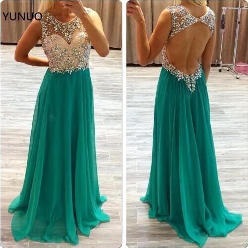 YUNUO Chiffon Open Back Evening Dresses for Women Party Crystals Sweep Train Prom Gowns Formal Dress robe de soiree longue