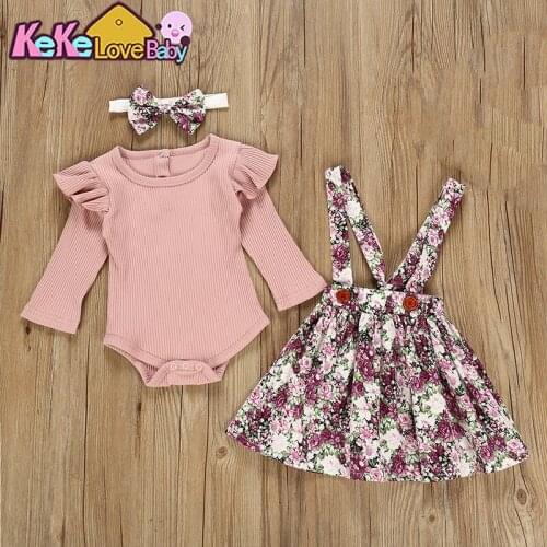 Newborn Infant Baby Girls Clothes Set Long Sleeve Pink Bodysuit Floral Dress Headband Cotton Vest 3Pcs Toddler Girl Clothing