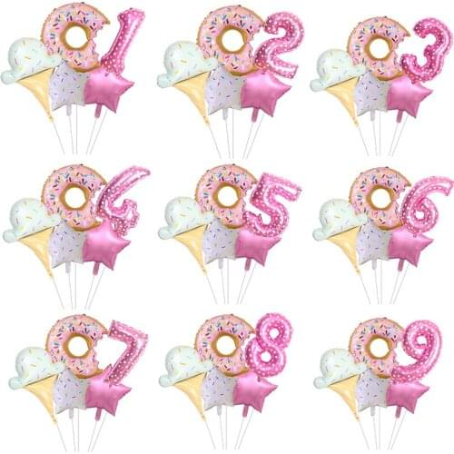 5pc Candy Ice Cream Pink With Dots 32inch Numeral Foil Balloon Donuts World Theme Birthday Party Decoration Globos Kids Toy