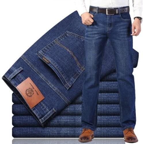 Men Jeans Straight Elastic Cotton Slim Fit Fashion Business Stretch Casual Denim Pants Classic High Quality Denim Trousers Men
