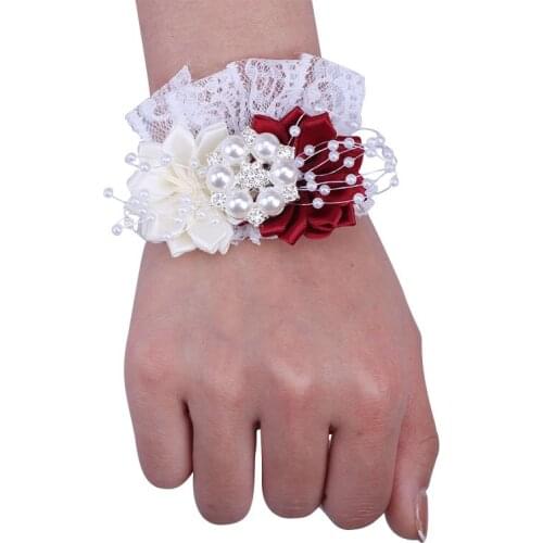 Hot Sale Royal Blue Bride Bridesmaid Wrist Corsage Elastic Bracelet Rhinestone Pearl Ladies Wristband Party Wedding Props SW049