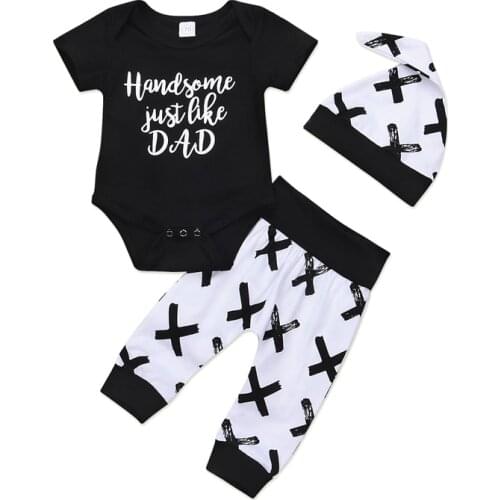 Newborn Infant Baby Boys Letter Cotton Tops Short Sleeve Romper+X Printed Pants Leggings+Hat 3Pcs Outfits Set Clothes
