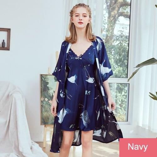 KISBINI 2020 Sexy Robe Nightgown Set Women Stain Imitation Silk Sleepwear Printed V-Neck Robe Nightdress Suit For Lady Female