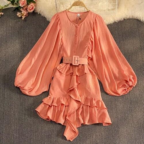 2021 Summer New Fashion Womens Dress Loose Puff Sleeve Dress Womens Ruffled Waist Long Sleeve Temperament mini Dress GD609