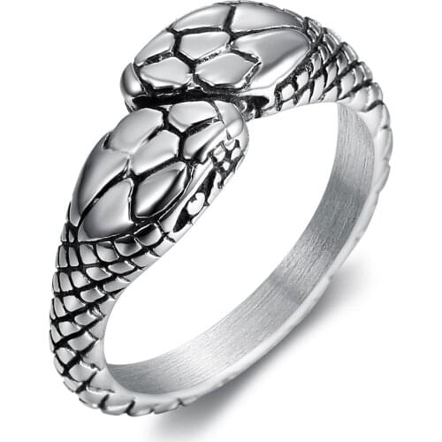 Megin D Vintage Personality Double Snake Stainless Steel Rings for Men Women Couple Family Friend Fashion Design Gift Jewelry