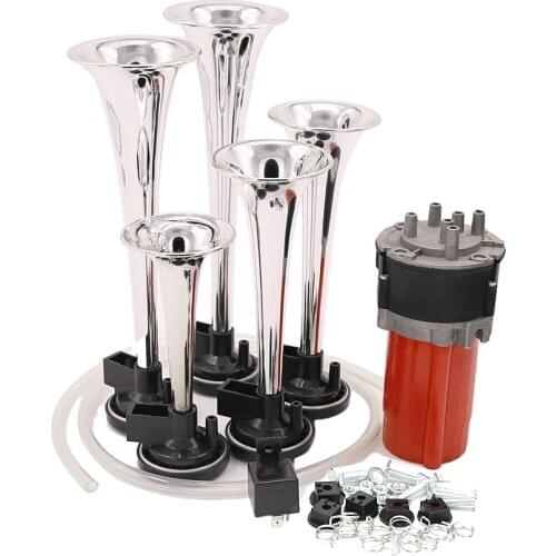12V 130db 5 Trumpet Musical Jazz Air Horn Kit For Car SUV Truck Van Boat
