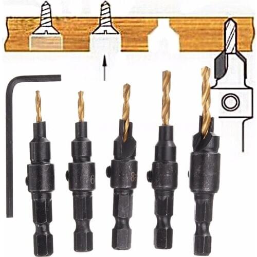 5pcs/set HSS 5~12mm Woodworking Countersink Chamfer Drill Bit Screw Set & Wrench