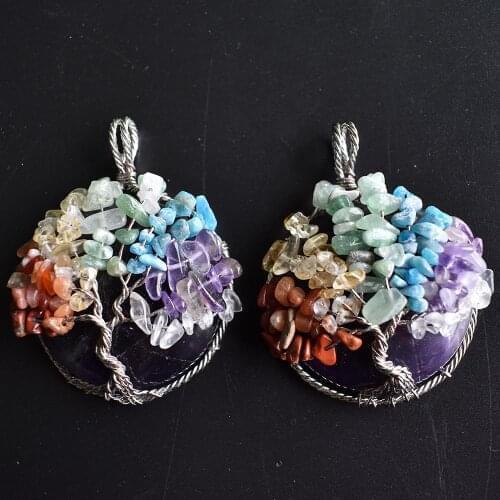 Natural stone Amethysts round Life Tree Pendant rose gold colored silk pericrystal bead charms Pendants For jewelry making 2pcs