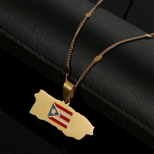 Stainless Steel Puerto Rico Map Flag Pendant Necklace Gold Color PR Puerto Ricans Jewelry