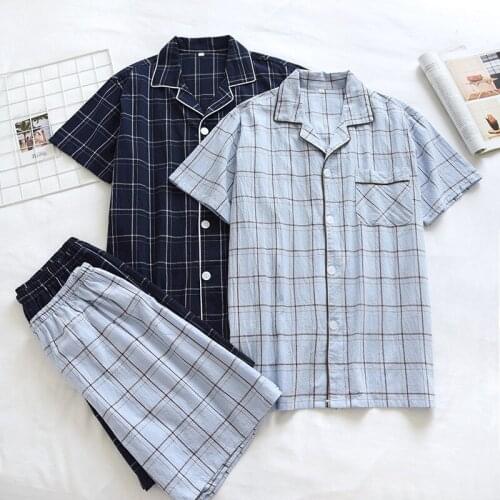 Mens summer cotton pajamas two-piece large size thin short-sleeved shorts plaid casual home service set cardigan loungewear new