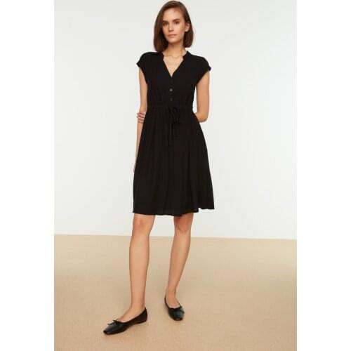 Black Waist Shirred Dress TWOSS21EL0881 Midi Shirt Dress V-Neck Viscose Short Belted Solid