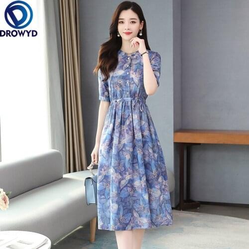 2021 High Quality Fashion Cotton Linen Midi Dresses Summer Vintage Plus Size Print Sundress Women Elegant Bodycon Party Vestidos