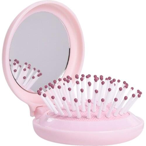 Q1QD Portable Round Mirror Hair Comb Folding Massage Hair Brush Mini Airbag Combs Travel Hairbrush Makeup