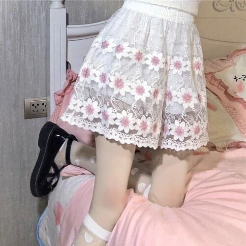 Women Summer High Waist Shorts Lace Crochet Embroidery Wigh Leg Shorts Lolita Loose 2 Layers Underskirt Safety White Shorts
