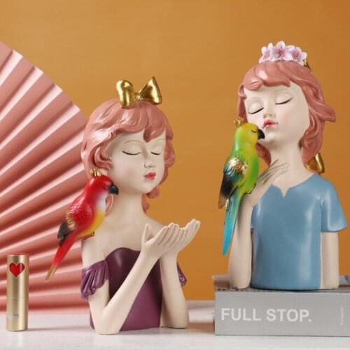 Nordic Character Parrot Girl Resin Decoration Home Livingroom Desktop Figurines Crafts TV Cabinet Wine Cabinet Statue Ornaments