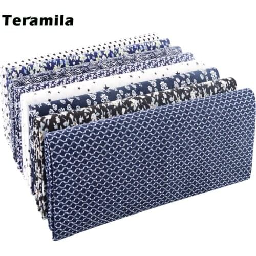 Teramila Grid Pattern Navy Blue Floral Plain Cotton Printed Patchwork Cloth Fabric for Art Sewing DIY Handmade Crafts Needlework