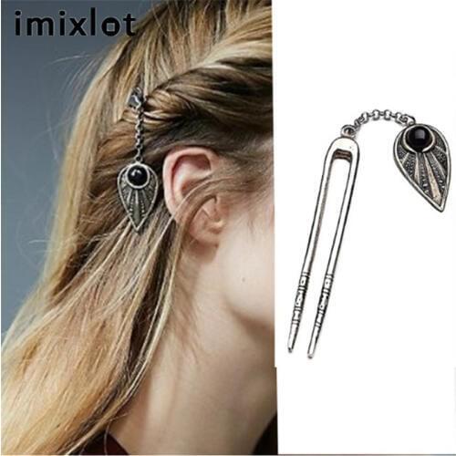 Imixlot Vintage Leaf Pendant Hair Sticks Silver Plated Hair Forks Headwear U Pin for Women Headdress Hair Jewelry