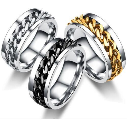 Punk 8mm Spinner Chain Men Rotatable Ring Black Stainless Steel Ring Rotatable Cool Jewelry Party Gift Anel Bague Homme