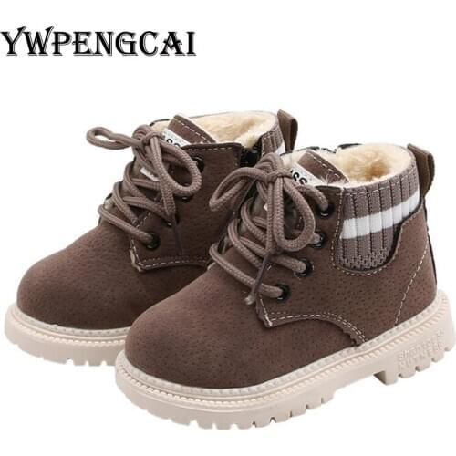 YWPENGCAI Autumn Winter Kids Boots Warm Thick Plush PU Leather Toddler Boy Boots Zipper Lace-up Boys Boots Size 21-30