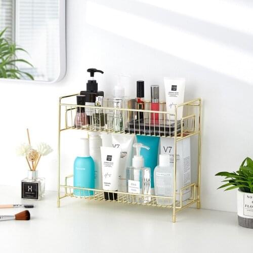 Iron Double Layer Cosmetic Storage Shelf Golden Kitchen Spice Rack Bathroom Desktop Storage Basket Organizer