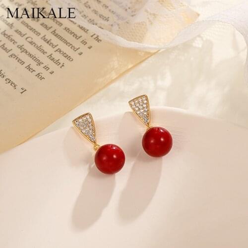MAIKALE New Fashion High Quality Red/white Ball Pearl Style Simple Stud Earring for Women Jewelry Holiday Wedding Party Gifts