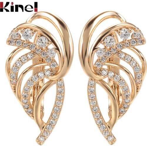 Kinel Luxury 585 Rose Gold Leaf Earrings for Women Micro-wax Inlay Natural Zircon Bridal Wedding Jewelry Crystal Flower Earrings