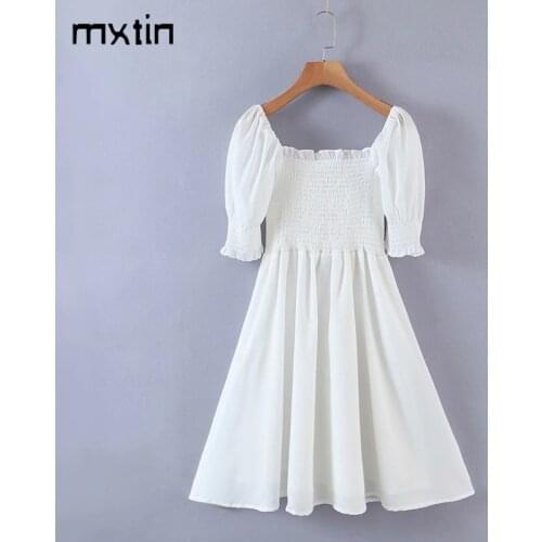 2021 Women Spring Vintage White Elasticity Mini Dress Fashion Square Collar Puff Sleeve Female Party Dresses Vestido De Mujer