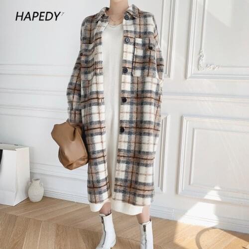 Coat Female Winter Woolen 2021 New Checkered Shirt Collar Loose Long Wool Fabric Lapel Single-Breasted Fashion Women Jacket
