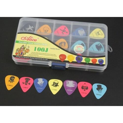 100pcs Alice Long Life Skull Ghost Celluloid Guitar Picks Plectrum Pick Various 0.46mm/0.71mm/0.81mm + 15 Grid Case