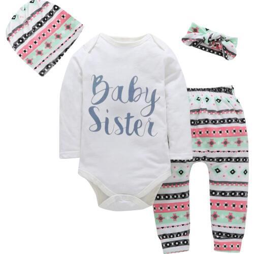 Kids baby girls clothing Long Sleeve White baby sister badysuit+ Hat + Headband + Pants 3pcs clothing set Baby clothes outfit