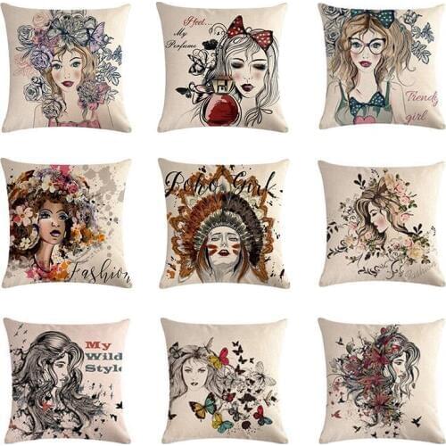 45x45cm Fashion Sexy Lady Cushion Cover Modern Decorative Wantercolor Pillow case Vintage Cotton Linen Car Flower Pillowcover