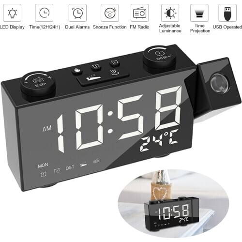 6 Inch Digital FM Projection Radio Alarm Clock 4 Brightness Adjustment USB Powers Supplys LED Thermometer Clock