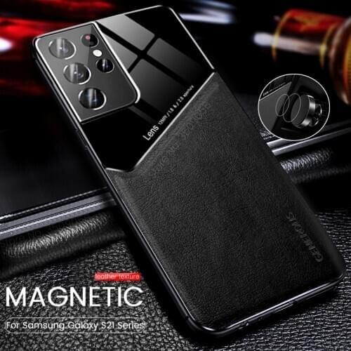 Hard PC+Leather Texture Car Magnetic Holder Back Cover for Samsung Galaxy S21 S 21 Ultra Plus S21+ 5G Shockproof Protective Case