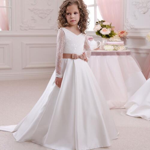 Elegant Muslim Formal Occasion First Communion Gown Long Sleeves White Lace Appliques Satin Long Train Flower Girl Dress 2-12