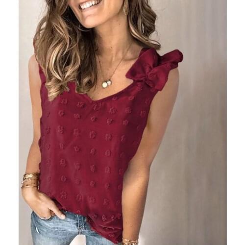 Elegant Bowknot Blouse Womens Plus Size Casual Solid Color Sleeveless Vest Tunics V-neck Pullover T Shirt Блузка Женская