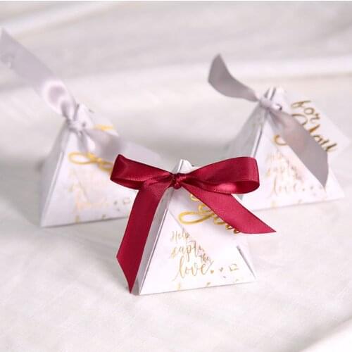 Creative Triangle Paper Candy Box Ribbons Wedding Favor Gift Boxes Gift Bags for Baby Party