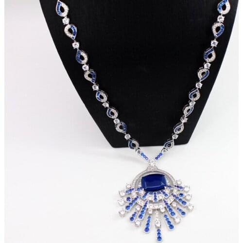 Hot famous brand jewelry blue stone flower design pendant necklace women fashion cubic zirconia party dinner necklace