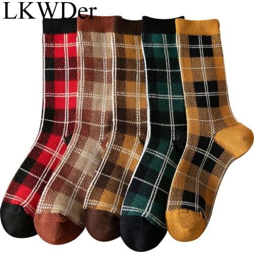 LKWDer 6pairs Women Socks Vintage Plaid Autumn Winter Combed Cotton High Quality Socks Ladies Fashion Casual Harajuku Sock Meias