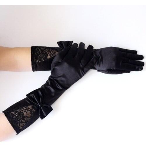 Solid Black Gothic Satin Cool Women Glove 2021 Fashion Lady Lace Patchwork Bow Elbow Length Full Finger Gloves Hipster Party