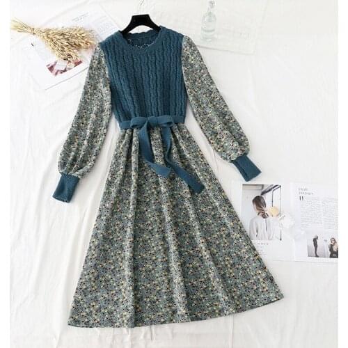 Autumn Women Knit Patchwork Floral Print Dress Femme O-Neck Puff Sleeve Bow Drawstring Vintage Dresses Casual A-Line Midi Dress