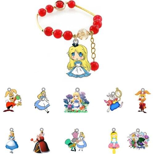 Disney Alice In Wonderland Animation Pendant Charm Red Bead Epoxy Acrylic Bracelet Jewelry Accessories