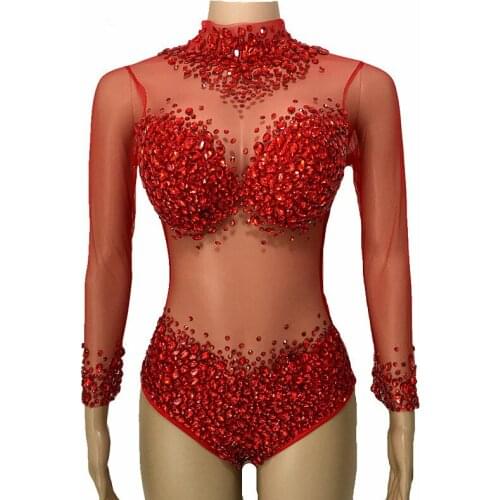4 Colors luxurious Rhinestones Leotard Stones Perspective Mesh Bodysuitlong Sleeves Sexy Stage Performance Costumes