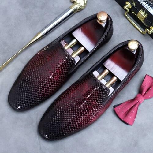 Luxury Mens Business Loafers Shoes Snake Skin Print Slip-On Red Casual Shoes Men Formal Dress Office Summer Comfortable Shoes