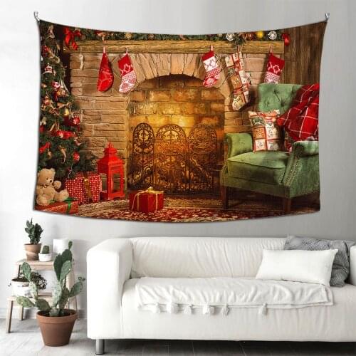 Merry Christmas Tapestry Fireplace Xmas Tree Stockings Gifts Wall Hanging Art for Living Room Dorm Festival Decor in 150x230cm