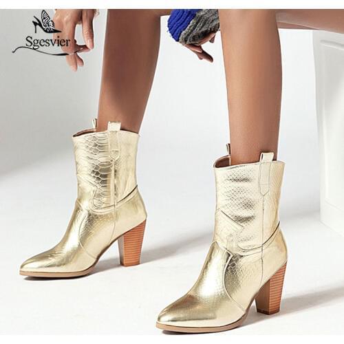 Sgesvier Western Cowgirl Boots Black Gold Silver Faux Leather Cowboy Ankle Boots for Women Thick High Heel Boots chunky Size 47
